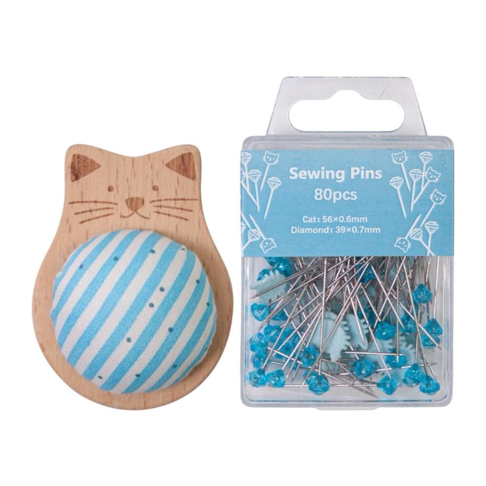 80pcs DIY Crafts Sewing Pin Holder Multi-Color Dressmaker Quilting Cat-Shaped Diamond Head Pins with Positioning Pins