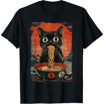 Black Cat Eating Ramen Vintage T-Shirt(1)