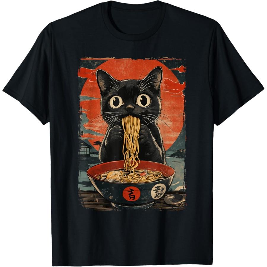 Black Cat Eating Ramen Vintage T-Shirt(1) S