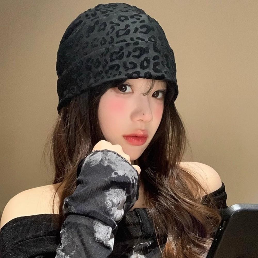 American Style Pullover Hats Stacking Leopard Beanies Cap Fashion Y2k Baggy Cap  Women