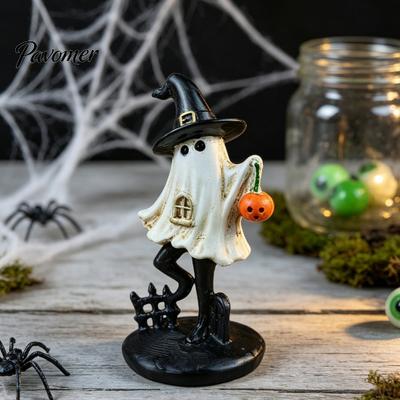 Collectible Horror Theme Figurine Halloween Ghost Resin Figurine, Vintage Cute Holding Unique Gothic Room Accents Pumpkin Lantern Statue for