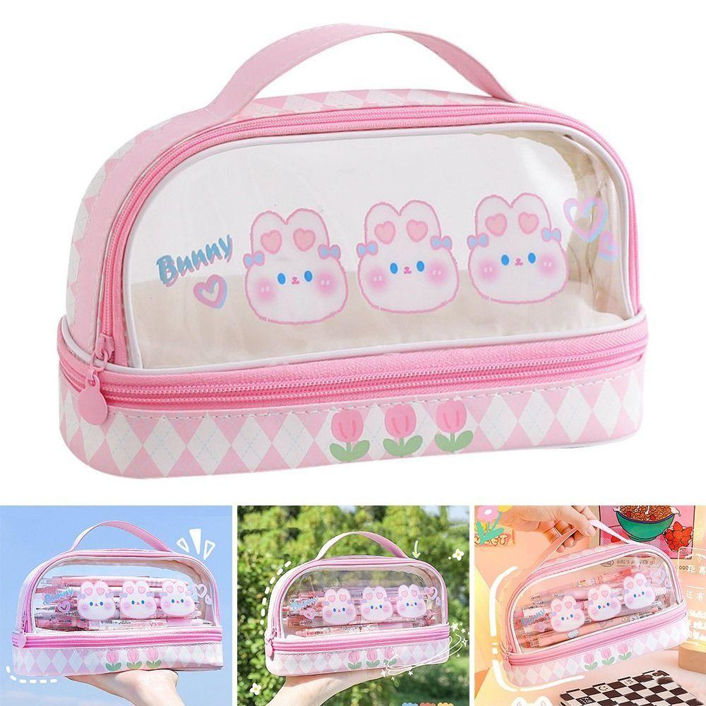 PVC Stationary Organizer Double Layer Pen Bag Portable Pencil Case