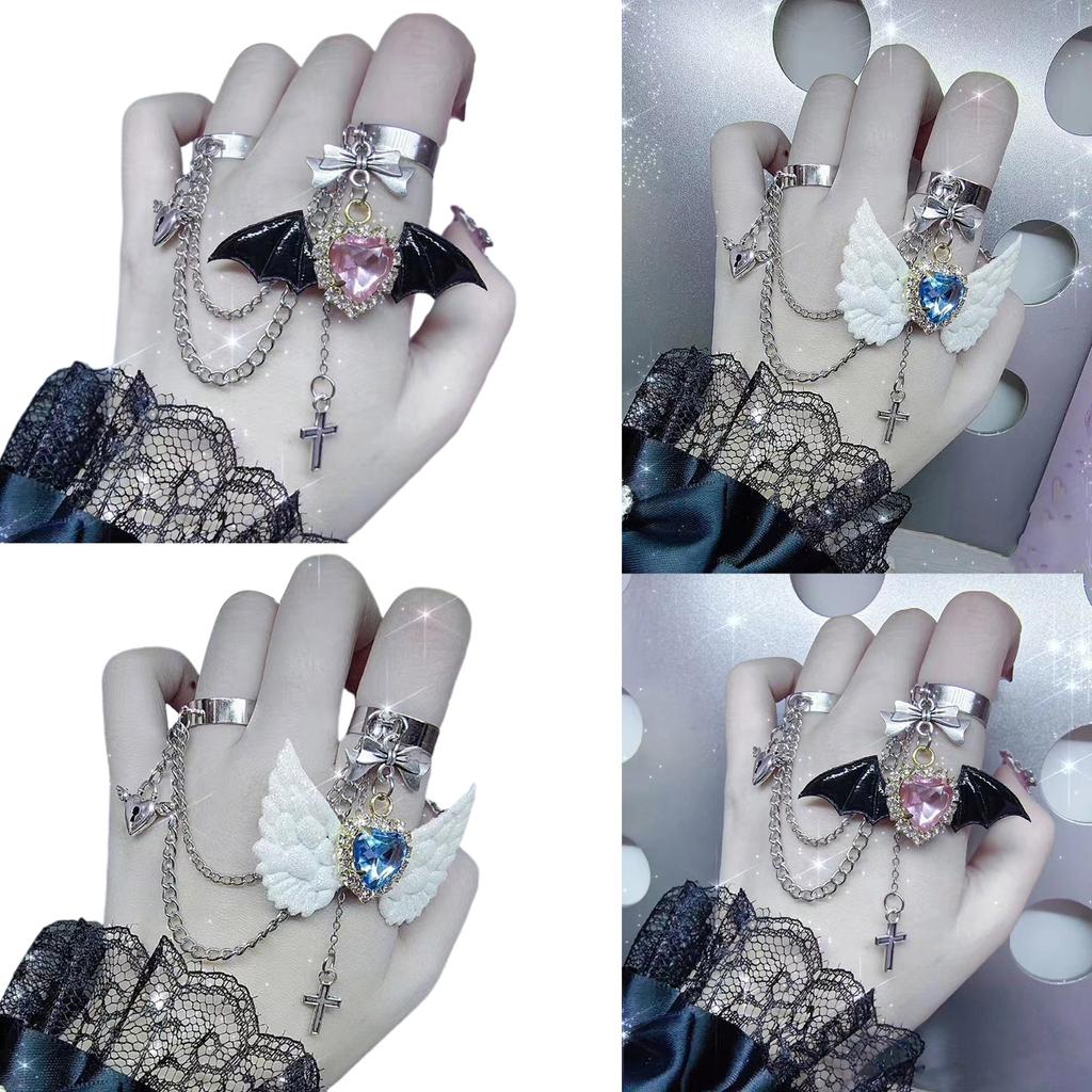 Unique Cross Bat Wing Finger Rings Hip Hop Punk Cuff Ring Gothic Cross Joint Rings Link Chain Stackable Rings for Women