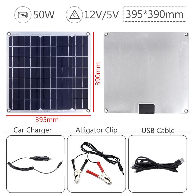50W Solar Panel Car Charger Dual USB Ports Outdoor Charger Power With USB Cable