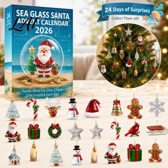 Advent Calendar with Lanyards Sea Glass Christmas Calendar 24-Day Acrylic 2D Ornament Set Festive Countdown Ceremony Santa Gingerbread Man,