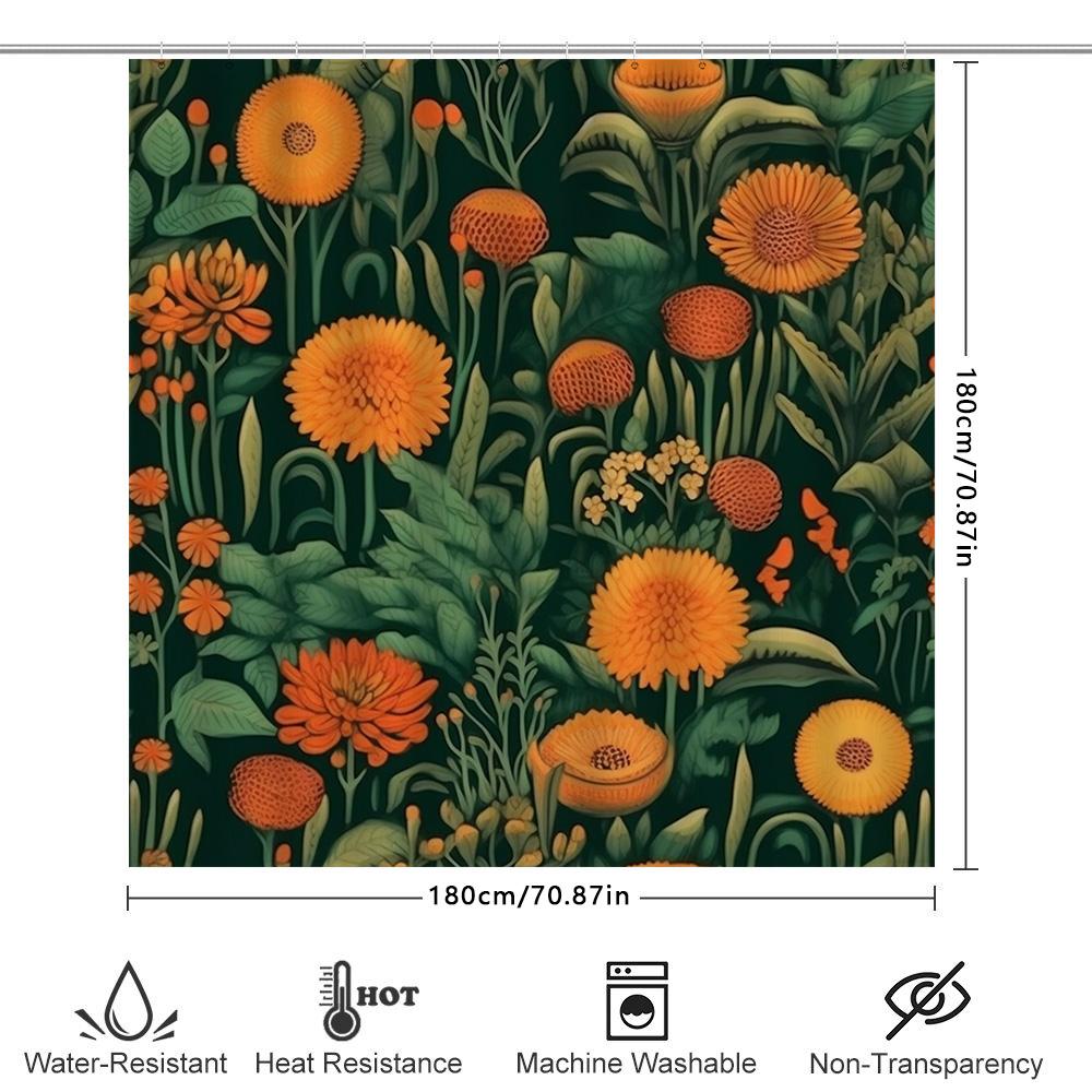 Vibrant Floral Shower Curtain Green Orange Modern Decor For Bathroom 3D Printed Water Repellent Fabric Customizable Size Availab