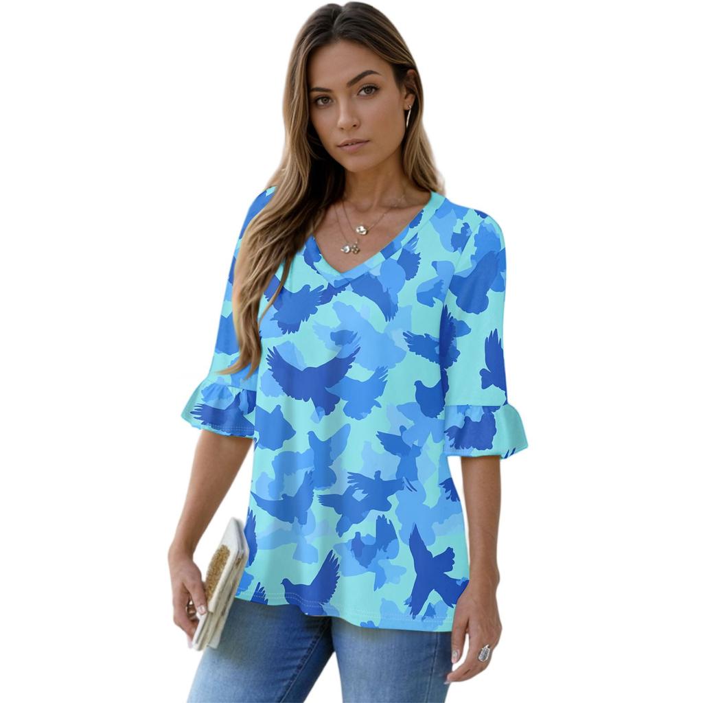 Women's Casual 3/4 Sleeve Tops V-Neck Sleeve T-Shirt Floral Print Tops
