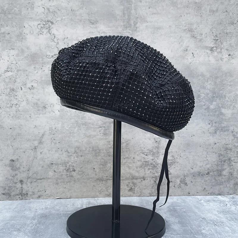 Korean Mesh Rhinestone Beret Black Elegant Temperament All Match Pumpkin Hat Retro Fashion Painter Hat