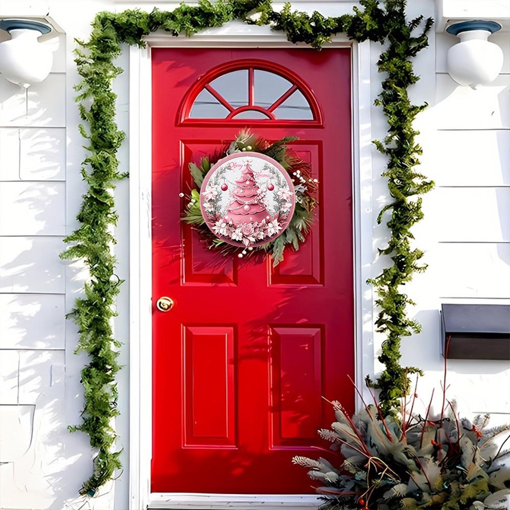 Wooden Pink Christmas Sign, Merry Christmas Round Ornament for Front Door Wall Hanging Decor, Ideal Christmas Gift