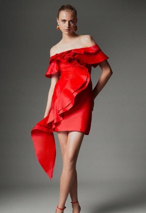 Karen Millen Vestido Rojo Mini Con Volante Y Escote Bardot 40 B1C