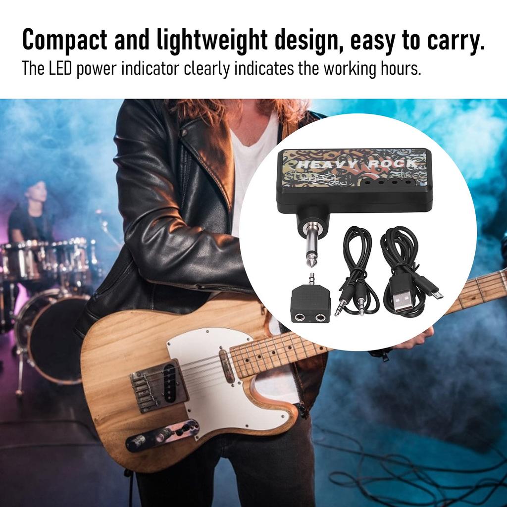 Guitar Headphone Amplifier, Electric Guitar Bass Headphone Amplifier with Audio Cable Adapter, USB Charging, Guitar Accessories