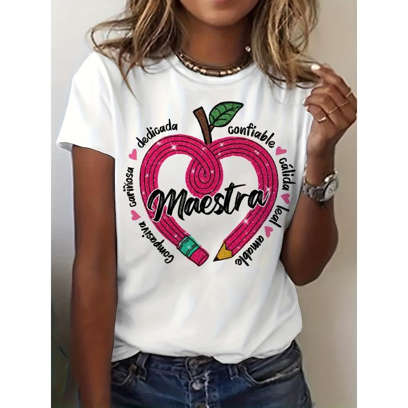 

European Size Women S Spanish Teacher Heart Graphic T-Shirt - Maestra Print, Short Sleeve Crew Neck Casual Top for Spring & Summer, Bright Colors 4XL