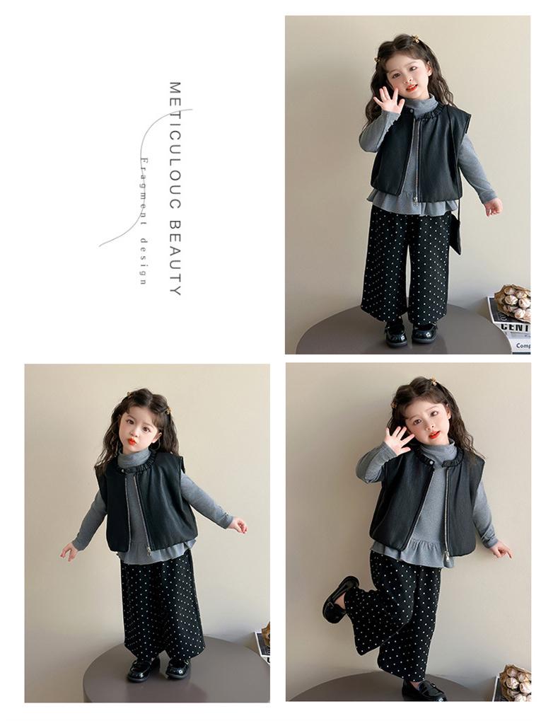Jesień 2025 Zestaw Mody Dziewczęcej: Zestaw Trzyczęściowy Koszulka Bazowa w Stylu Koreańskim i Skórzana Kamizelka