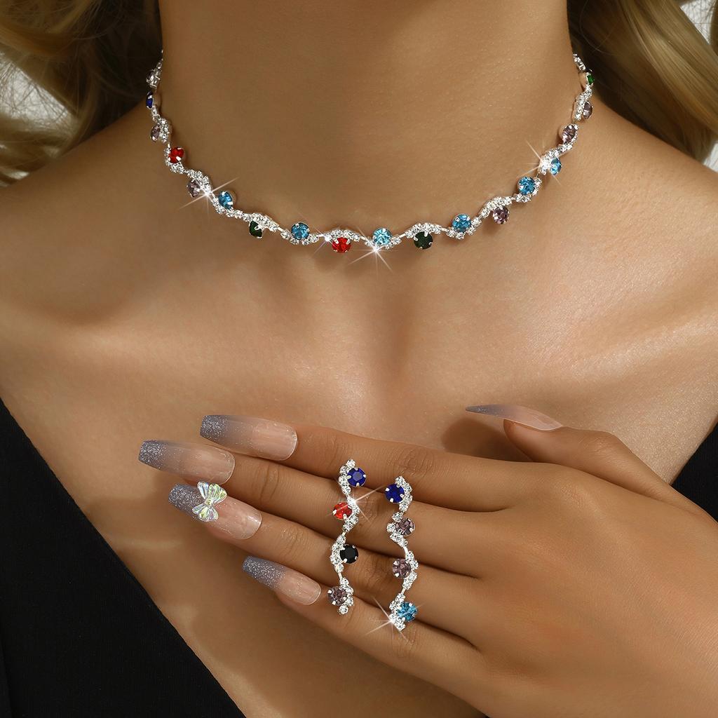 3pcs Rhinestone Flower Decor Necklace & Drop Earrings Zircon Set Wedding Series Dating Accessories