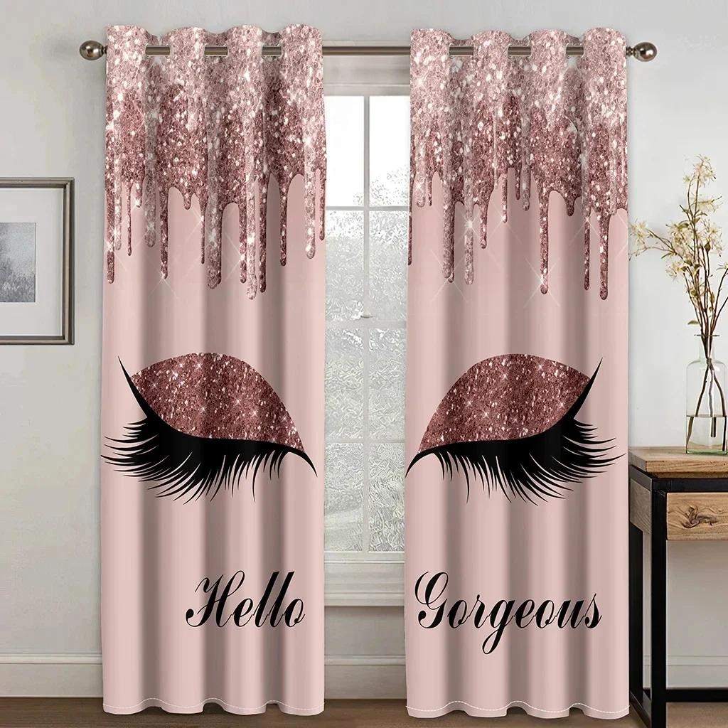 3D Pink Blue Yellow Eyelash Eyes Thin Shading Curtain for Living Room 2Pieces Kids Bedroom Children WindowsBathroom Decor Hooks for daily use