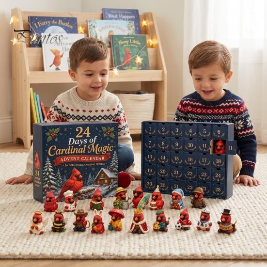 Christmas Desk Decor Red Bird Advent Calendar, 24 Unique Miniature Holiday Ornament Set Figurines, Tree Hanging Ornaments for Gifts Parent Child