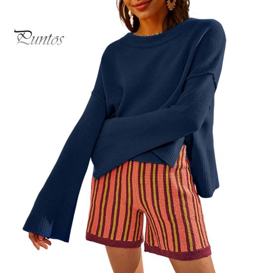 

Вязаный свитер женский повседневный однотонный с круглым вырезом, расклешенный, с длинными рукавами, пуловер, джемпер с асимметричным боковым разрезом, легкий трикотажный топ S темно-синий