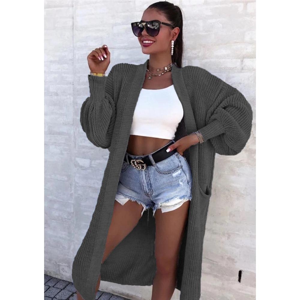 Chun-needle Knitted Sweater for Autumn and Winter Women's Outerwear, Solid Color Large-sized Long Pocket Cardigan Coat