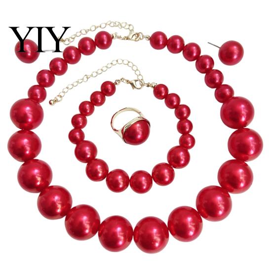 Faux Pearl Earrings Necklace 3Pcs/Set Imitation Pearls Jewelry Set, Adjustable Length Choker with Ear Studs Wedding Bracelet And Bracelet, Set