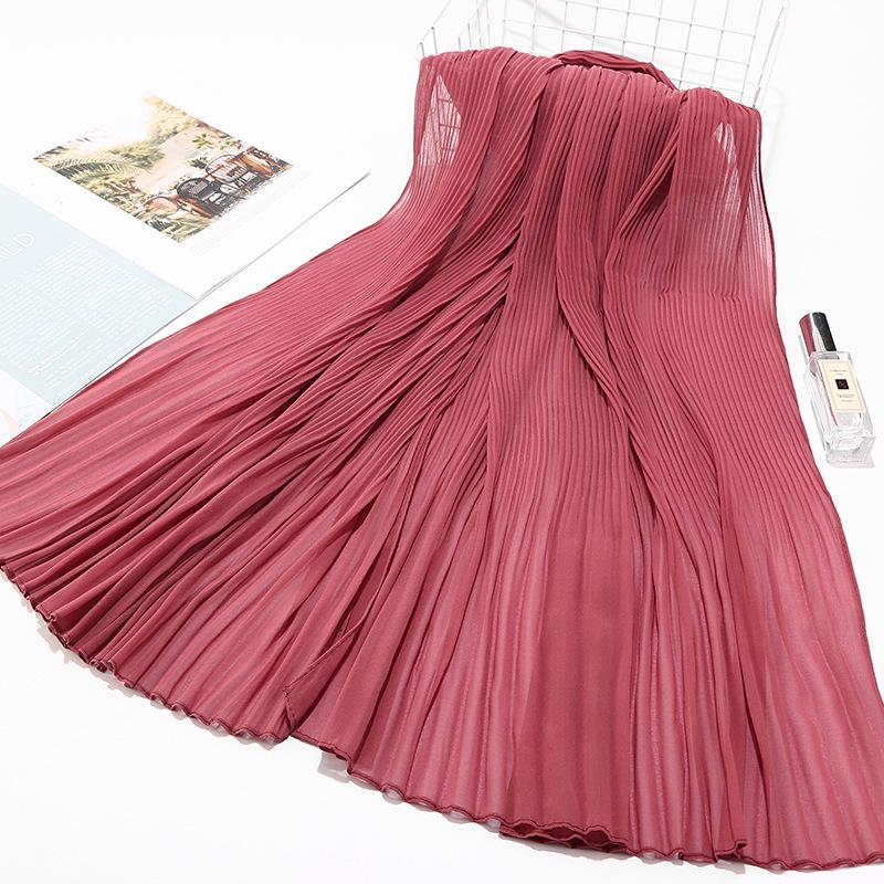 Big Size Pearl Chiffon Scarf Solid Color Pleated Stripe Headwear Scarves Women Muslim Hijab Head Wrap Plain Travel Shawls