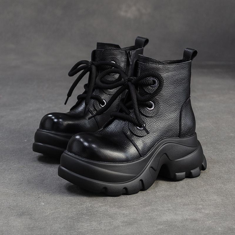 Johnature Runde Zehenpartie Plateau Kurze Stiefel Retro Echtes Leder Dicke Sohle Höhenvergrößernd Damenschuhe