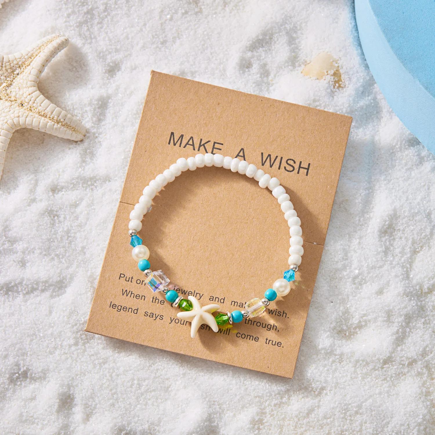 Women Summer Beach Bracelet, Starfish Conch Shell Rice Bead Adjustable Bangle, Boho Friendship Party Jewelry белый