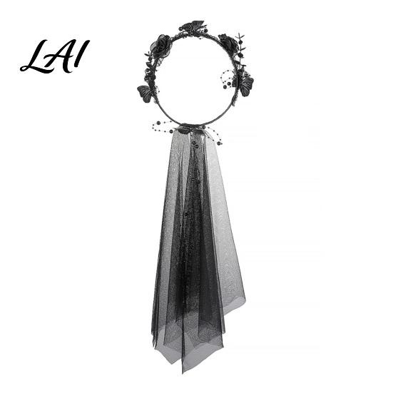 Veil Headband Dark Rose Black Butterfly Headband Hair Hoop with Beaded Mesh Long Cosplay Bridal Tulle for Halloween Ghost Bride Photo Shoot Accessory