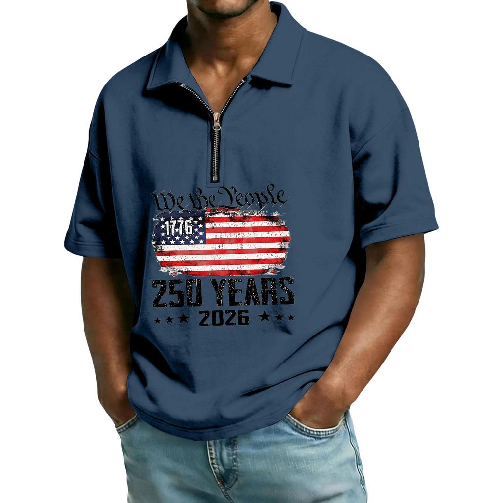 Men's Casual Loose American Independence Day Printed T-shirt Lapel Short Sleeve Daily Tops