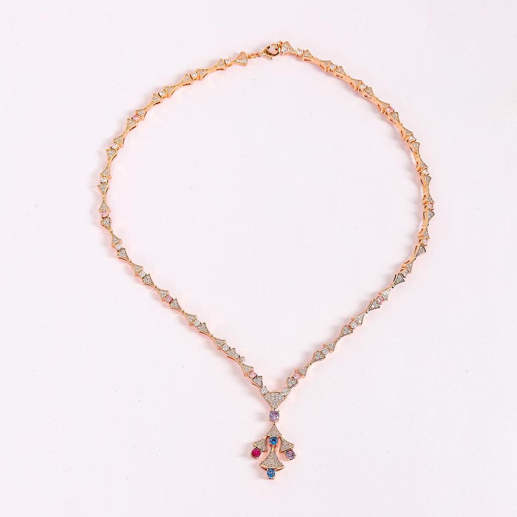 Elegant Fan-shaped Necklace and Colorful Zircon Earrings Set for Women - Gold-plated Copper