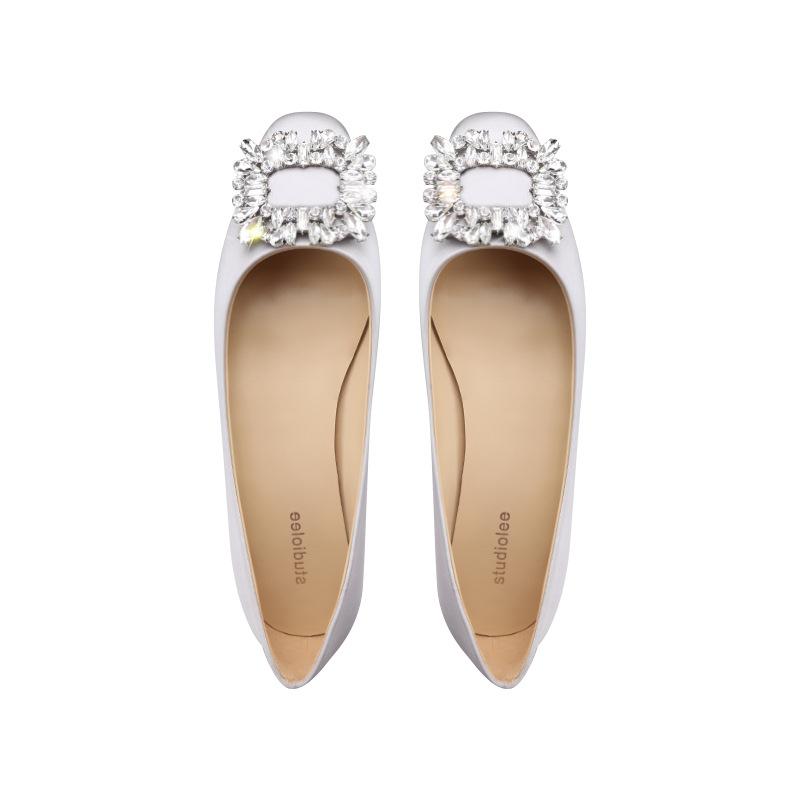 

Sheepskin version single shoes women s rhinestone square head wedding shoes shallow mouth temperament silk square buckle flats 40