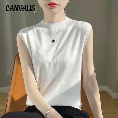 Wool Blend Spring Summer.Women's Vest Half High Neck Sleeveless Knitted Vest Short Bottom Shirt