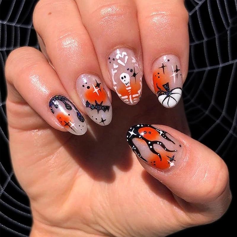 Halloween Press on Nails Medium Almond Fake Nails with Designs Cute Ghost Stick on Nails Rainbow Swirl False Nails Bat Acrylic Nails Cobweb