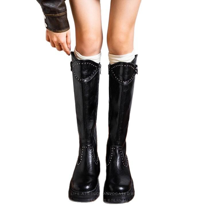 "Blue Cabinet" Punk Cyber~ Tall Knight Boots Women's Sweet Cool Wind Round Head Thick Heel But Knee Long Boots Increase Height