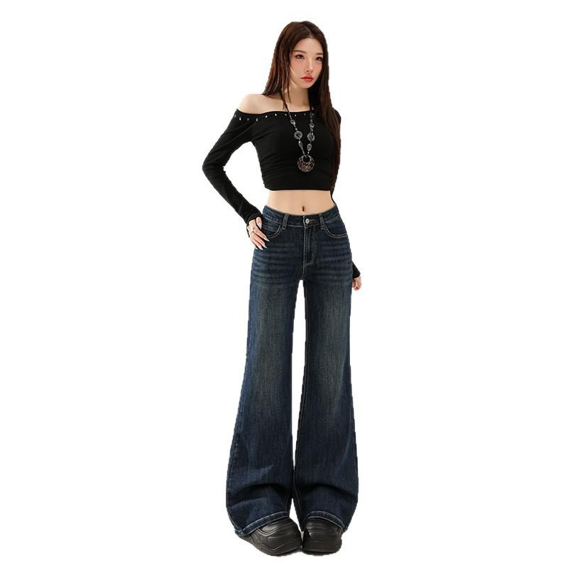 Heart-shaped pocket micro-flared jeans women's autumn new high-waisted retro thin horseshoe pants without legs