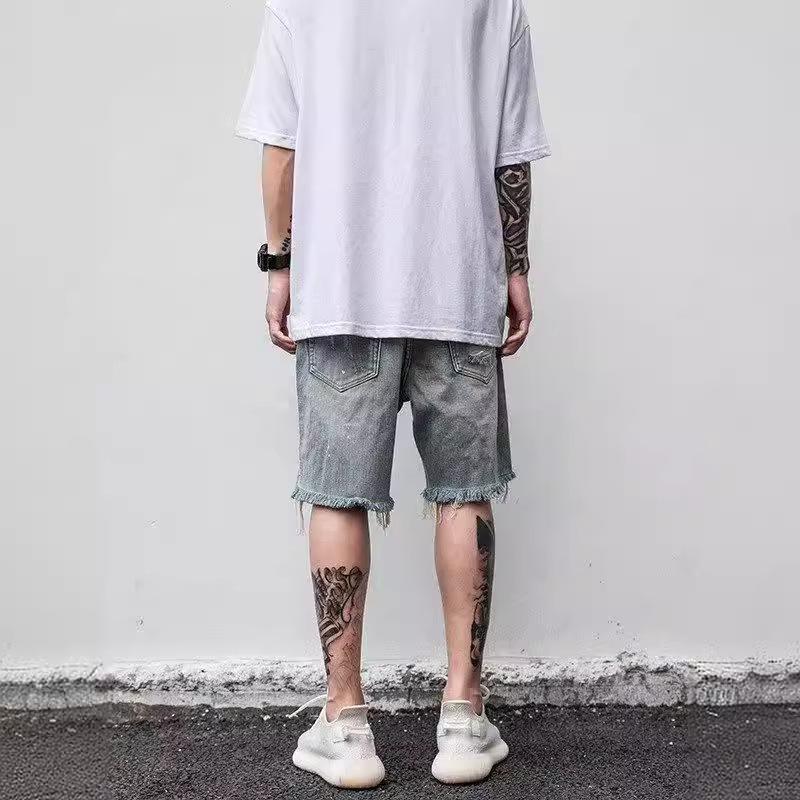 Pantaloni scurți din denim rupti, stil american, la modă, pentru bărbați - croială subțire și lejeră, lungime medie