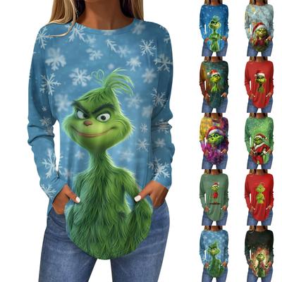 Women's Loose Round Neck Print Long Sleeve T-Shirt Top Pullover
