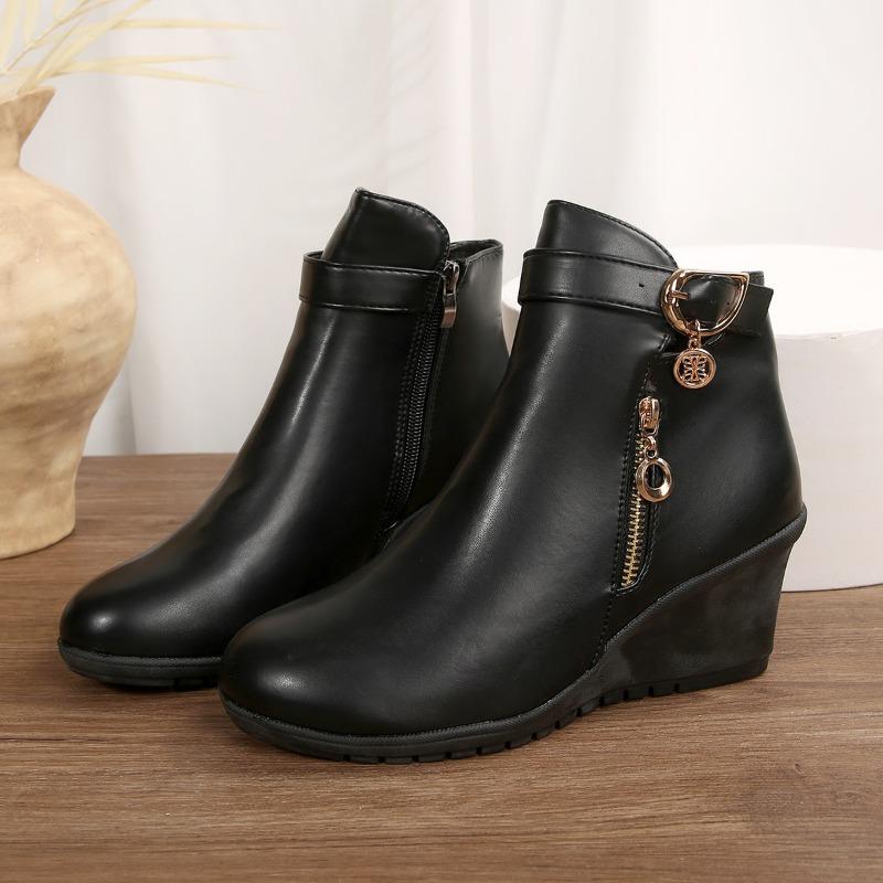 Fashion Women Middle-aged and Elderly Cotton Shoes Short Boots Autumn and WinterSoft Sole Wedge Round Toe Mother Shoes