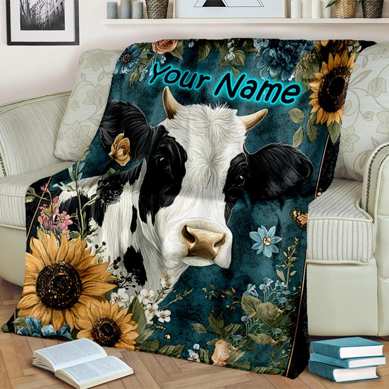 1PC Custom Name Cow Portrait Flowers Flannel Blanket Versatile,all-season Throw Suitable for the Living Room,bedroom,camping,travel,and Gift
