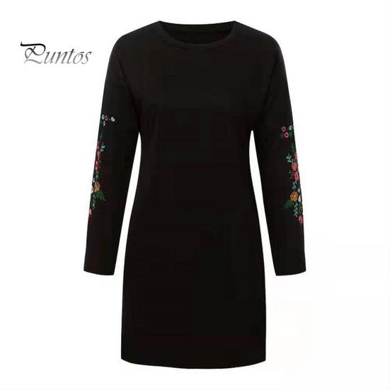 Frühlingskleid, Minikleid mit Blumenstickerei, langärmelig, Rundhalsausschnitt, lockeres Sweatshirtkleid für Verabredungen, Pendeln, Reisen