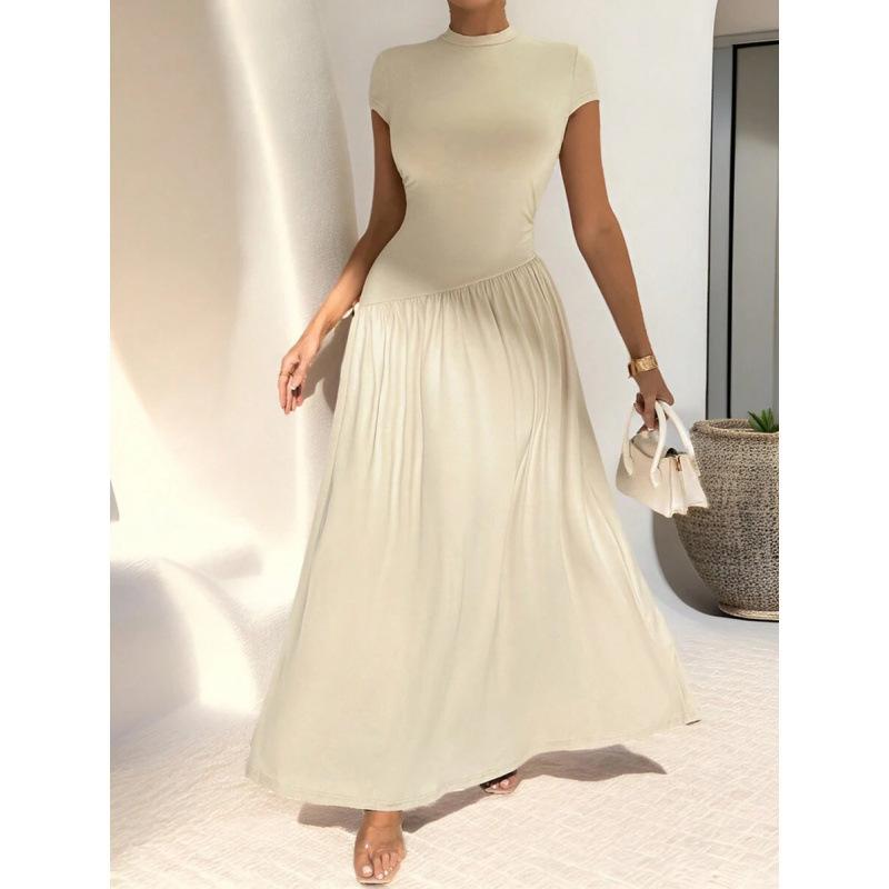 Europe, America 2026 summer new simple asymmetrical stand-up collar short-sleeved A-word casual dress women