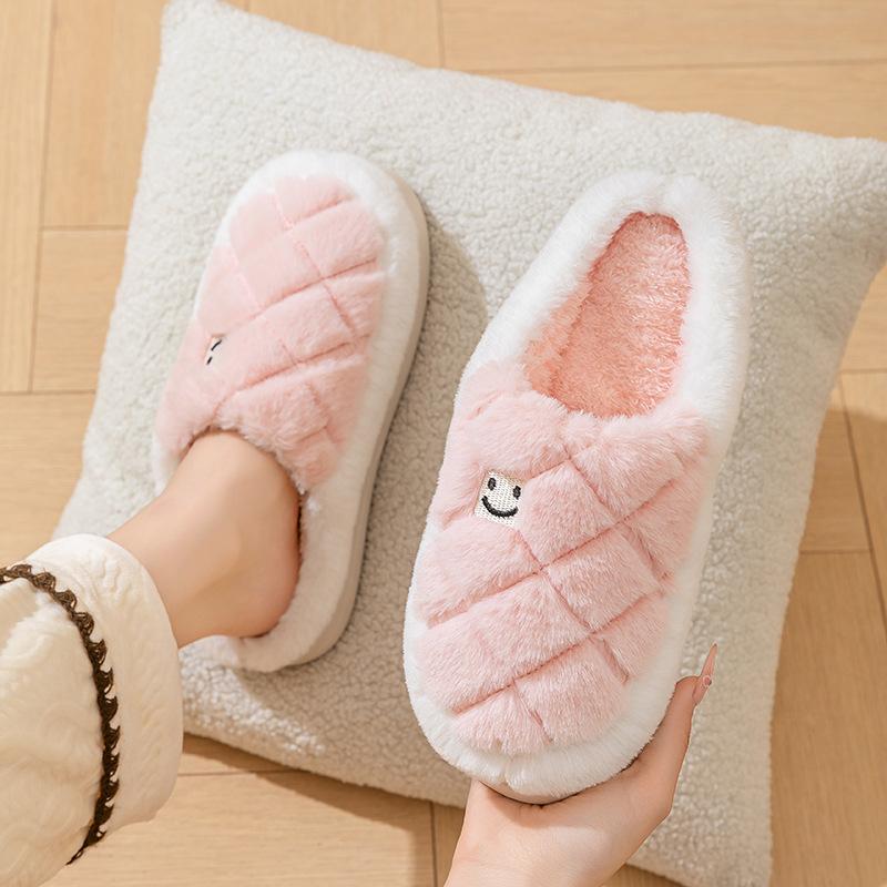Winter new smiley face fluffy slippers piled thickened cotton slippers indoor home couple slippers non-slip and warm
