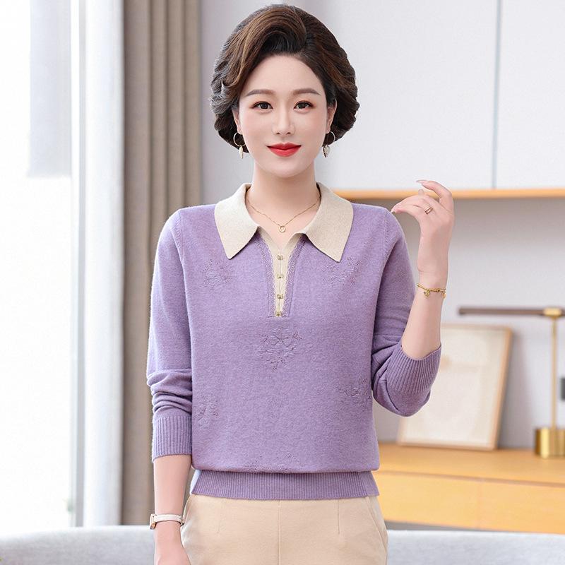 Mom's 2026 Autumn Lapel Knit Top: Stylish Sweater Set for Middle-Aged & Elderly Women