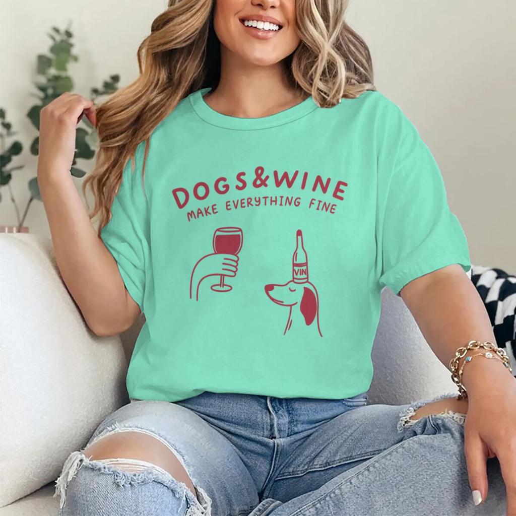 Hunde Und Wein Machen Alles Gut Lustige Vintage Grafik T-Shirts Tier Shirt Mode Hundemama T-Shirts Geschenke Damen Y2K Oberteile