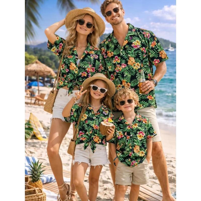 Summer Men's Family Wear Beach Hawaiian Shirt Tropical Summer Style Sandcastle Palm Tree Print Shirt Vacation Gift Child T-Shirt