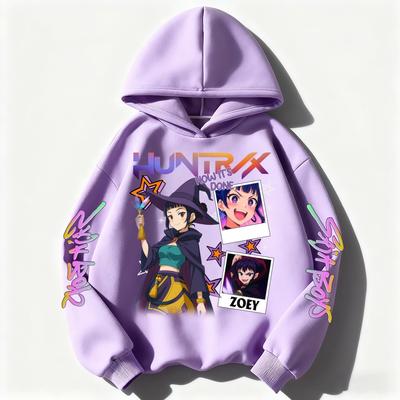 Cute KPop Demon Hunter Kids Hoodie Pink Plus Velvet Sweater Autumn and Winter Halloween Series Tops for Girls Boys Sweater