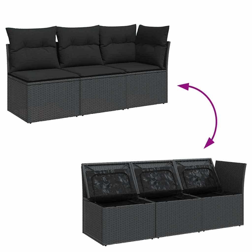 Vidaxl Garden Sofa With Cushions, 3-Seater, Black, Poly Rattan