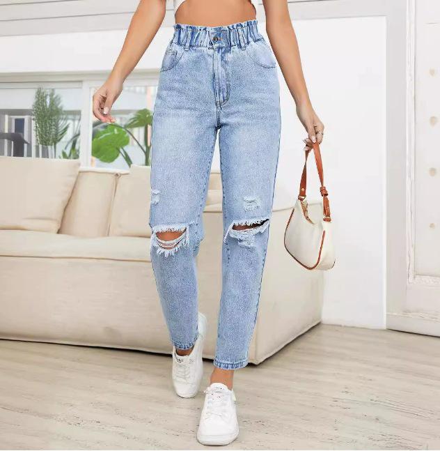 

Женские джинсы деним скинни с рваными деталями прямого кроя - Европейский и американский INS тренд. 28 - M светло-синий