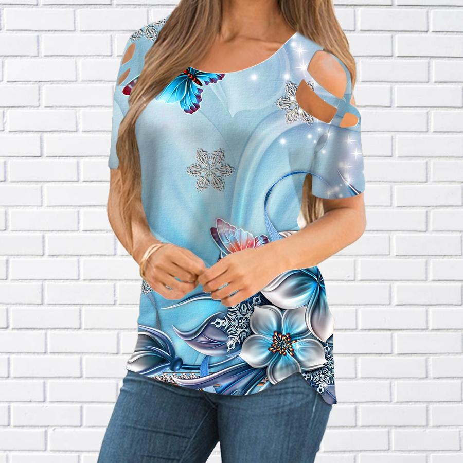 

Женский топ, летний новый модный топ с цветком розы, повседневный топ с объемным цветочным принтом и застежкой-молнией с v-образным вырезом и короткими рукавами 4XL светло-синий