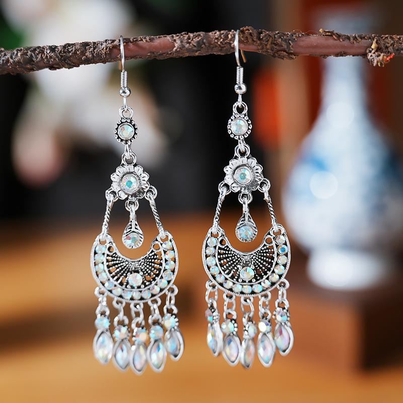 White Enamel Peacock Water Drop Feather Earrings for Women Ethnic Elegant Long Crystal Rhinestone Earring Boho Vintage Jewelry