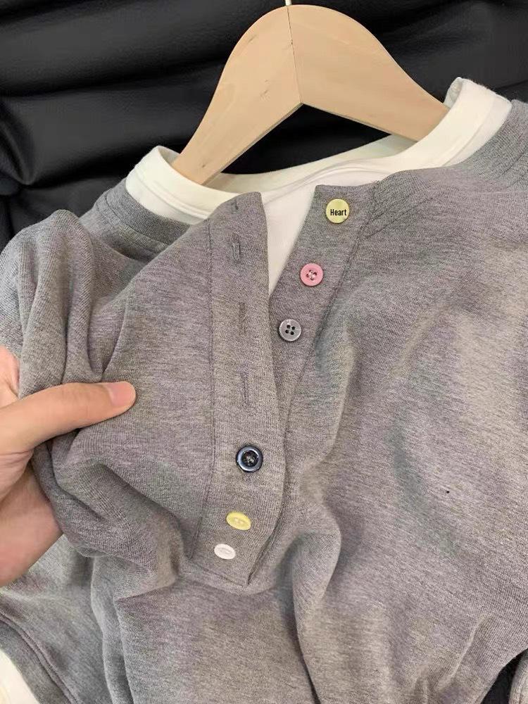 Plus Size V-Neck Long Sleeve Layered T-Shirt - Slimming, Colorful, Buttoned Top for Women